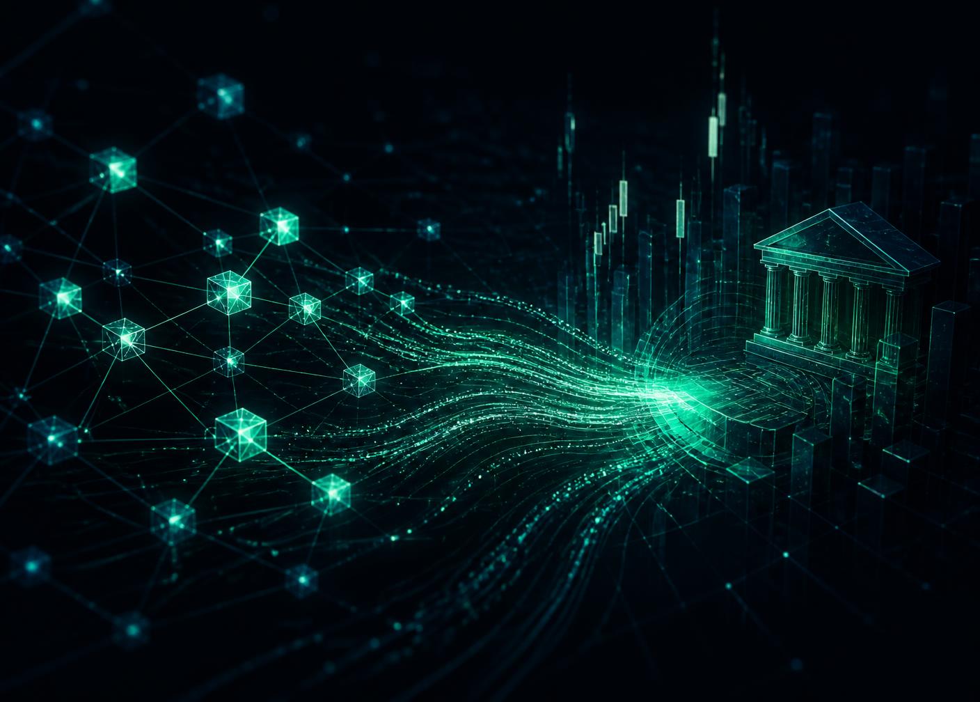 Glowing blockchain network connected to a financial institution